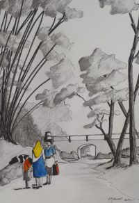 Rencontre au près du pont / Encre et aquarelle / 50 x 70 