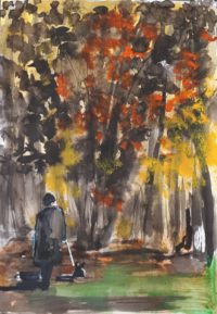 Sortie de Médor au bois / Aquarelle et encre / 30 x 50 