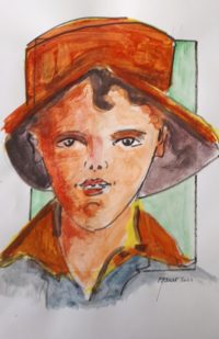 Jeune au chapeau / Aquarelle et encre / 30 x 50 