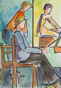 A l'atelier / Aquarelle et encre / 30 x 50 