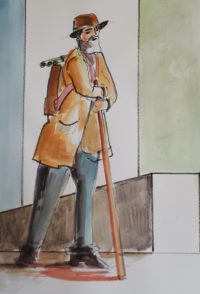 L'artiste au départ / Aquarelle et encre / 50 x 70 