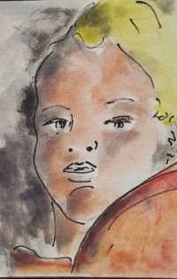 Visage enfantin / Aquarelle et encre / 30 x 50 