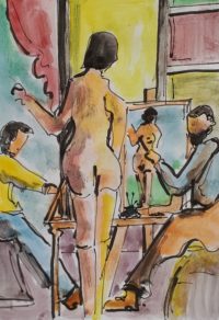 L'atelier en actions / Aquarelle et encre / 30 x 50 