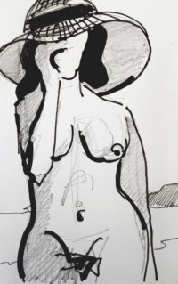 Anna, modèle à la plage / Encre / 30 x 50 