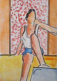 L'attente sportive / Aquarelle et encre / 30 x 50 