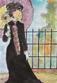 Femme à l'ombrelle / Aquarelle et encre / 30 x 50 