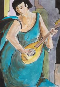 Femme et mandoline / Aquarelle et encre / 30 x 50 