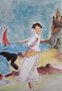 Sur la plage / Aquarelle et encre / 30 x 50 