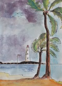 Les palmiers au phare / Aquarelle et encre / 30 x 50 