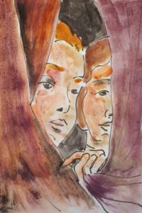 Les curieuses / Aquarelle et encre / 30 x 50 