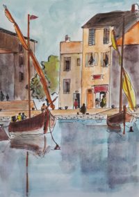 Au port / Aquarelle et encre / 30 x 50 