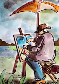 L'artiste sur le site / Aquarelle et encre / 30 x 50 