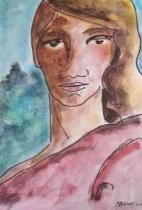 Portrait au chemisier rose / Aquarelle et encre / 30 x 50