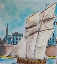 Voilier à Saint-Malo / Aquarelle et encre / 30 x 50