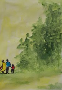 Famille et forêt / Aquarelle et encre / 30 x 50