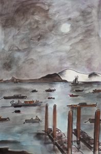 Nuit sur le bassin / Aquarelle et encre / 50 x 70