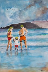 Famille à la plage / Aquarelle et encre / 50 x 70