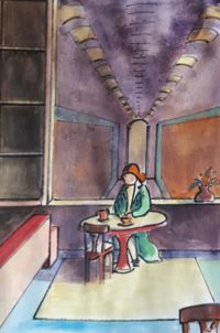 En attendant au café / Aquarelle et encre / 30 x 50