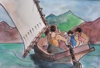 Famille en croisière / Aquarelle et encre / 50 x 30