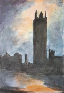 La tour dans la brume / Aquarelle et encre / 30 x 50