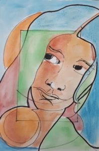 portrait orange / Aquarelle et encre / 30 x 50