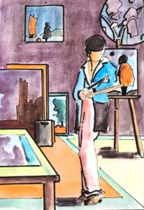 L'artiste dans son atelier / Aquarelle et encre / 30 x 50