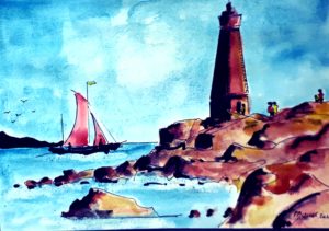 Le phare rouge / Aquarelle et encre / 50 x 70