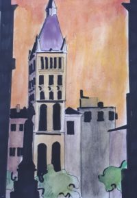 La tour italienne / Aquarelle et encre / 30 x 50