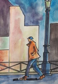 Promeneur dans une ville vide / Aquarelle et encre / 30 x 50