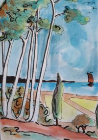 Le bosquet maritime / Aquarelle et encre / 30 x 50