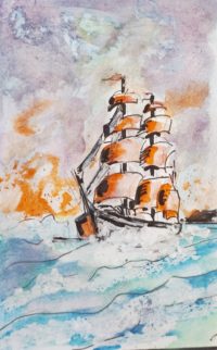 Toutes voiles dehors / Aquarelle et encre / 30 x 50