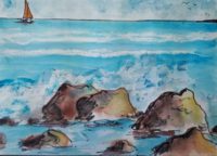 Marine aux rochers / Aquarelle et encre / 50 x 30