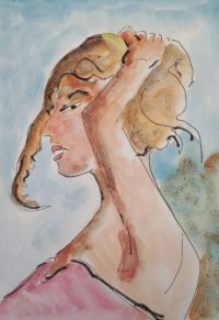 Profil avec blouse rose / Aquarelle et encre / 30 x 50