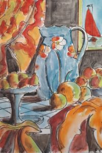 Nature morte au boc bleu / Aquarelle et encre / 30 x 50