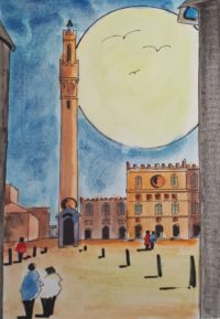 Venise : La place / Aquarelle et encre / 30 x 50