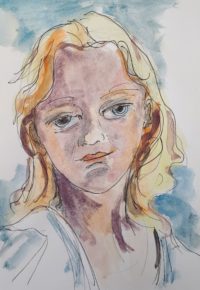 Jeune fille aux yeux bleus / Aquarelle et encre / 30 x 50