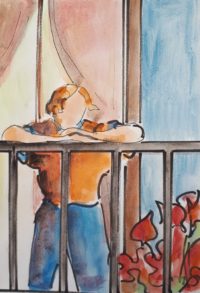 Sur le balcon / Aquarelle et encre / 30 x 50