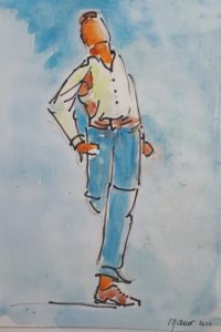 L'homme pressé / Aquarelle et encre / 30 x 50