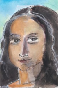 Femme avec Mona / Aquarelle et encre / 30 x 50