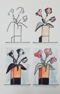 Etude 02 : vases à l'atelier / Aquarelle et encre / 30 x 50