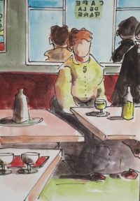 L'attente au café / Encre et aquarelle / 30 x 50 