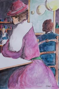 Au café, tout en rose / Aquarelle et encre / 50 x 70 