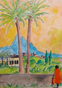 Sous les palmiers / Aquarelle et encre / 50 x 70