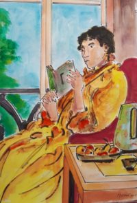 Lecture et petits fours / Aquarelle et encre / 50 x 70