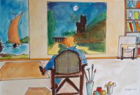 L'artiste devant ses oeuvres / Aquarelle et encre / 70 x 50