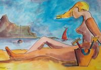Plaisir de la plage / Aquarelle et encre / 70 x 50