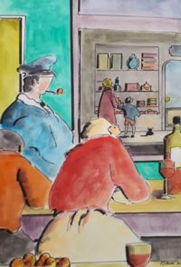 Au comptoir / Aquarelle et encre / 50 x 70