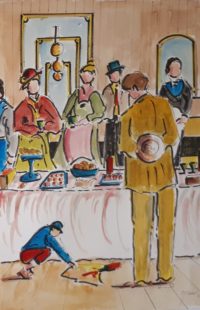 Un accident au buffet / Aquarelle et encre / 50 x 70 