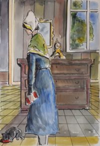 Le repas du chat / Aquarelle et encre / 50 x 70