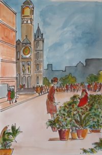 Le marcher aux fleurs / Aquarelle et encre / 50 x 70